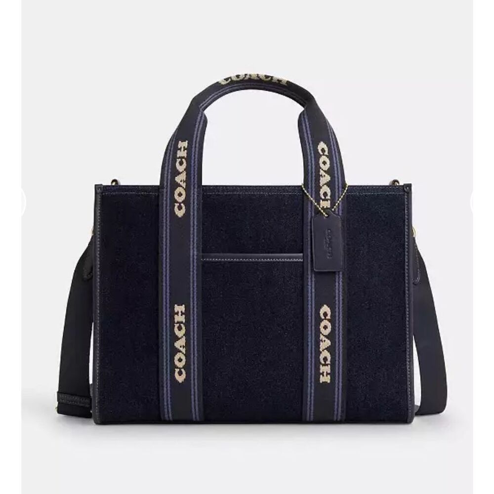 Coach Navy Blue Denim Logo Tote with Cream Accents